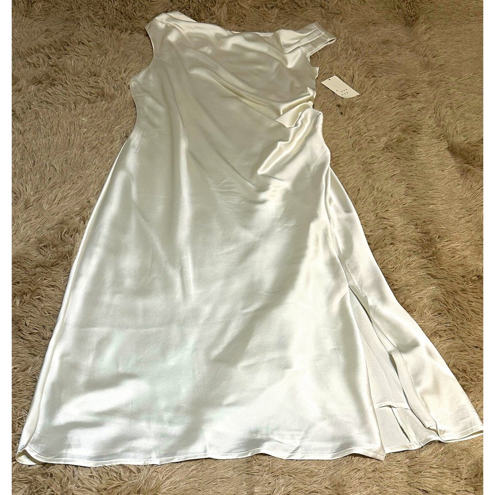 A New Day Ivory Satin Cowl Neck Ruched Midi Slip Dress Womens Size L